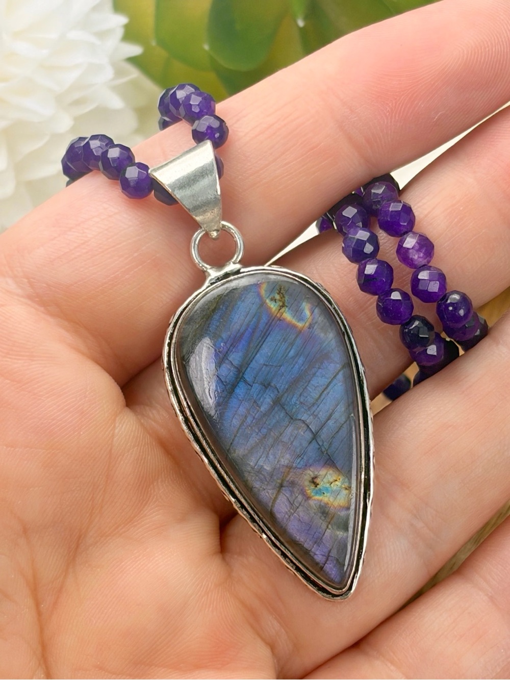 Purple Labradorite Pendant Necklace Boho Southwest Sterling Silver 925 Overlay